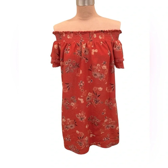Xhilaration Orange Floral Off The Shoulder Short Sleeve Shift Dress Size Medium - Picture 1 of 8
